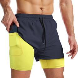 Danfiki Herren Sport Shorts Kurze Hose Schnell Trocknend Sporthose Leicht mit Reißverschlusstasche Laufshorts mit Taschen Hosen Fitness Laufhose,Marinegelb,L von Danfiki