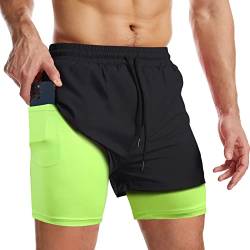 Danfiki Herren Sport Shorts Kurze Hose Schnell Trocknend Sporthose Leicht mit Reißverschlusstasche Laufshorts mit Taschen Hosen Fitness Laufhose,Schwarz Grün,M von Danfiki