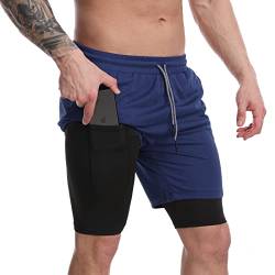 Lachi Herren Hose Sport Shorts Laufshorts 2 in 1 Kurze Running Sporthose Badehose Jogginghose Laufhose Fitness Trainingshose,Dunkelblaue Handytasche,M von Danfiki