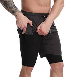 Lachi Herren Hose Sport Shorts Laufshorts 2 in 1 Kurze Running Sporthose Badehose Jogginghose Laufhose Fitness Trainingshose,Graue Handytasche,S von Danfiki