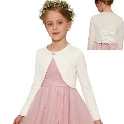 Danna Belle Mädchen Bolero 140 Kinder Strickjacke 146 Cardigan mit Schleife aus Samt dran Festlich Kommunion Tauf Hochzeit Einschulung Weiß 10-11 Jahre von Danna Belle