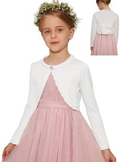 Danna Belle Mädchen Bolero 140 Kinder Strickjacke 146 Cardigan mit Schleife aus Samt dran Festlich Kommunion Tauf Hochzeit Einschulung reines Weiß 10-11 Jahre von Danna Belle