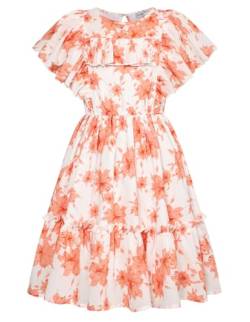 Danna Belle Mädchen Kleid 140 Chiffon Floral Sommer Festlich Partykleid 146 Elegant Prinzessinkleid Urlaubskleider Freizeitkleid Kinder ALinien Kurzarm Kleid Orange von Danna Belle