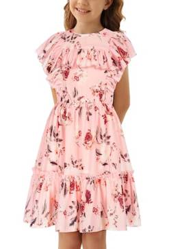 Danna Belle Mädchen Kleid Chiffon 152 Floral Sommer Festlich Partykleid 158 Elegant Prinzessinkleid Urlaubskleider Freizeitkleid Kinder ALinien Kurzarm Kleid Rosa von Danna Belle