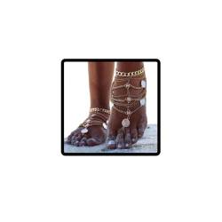 Danshinbow 1 Pair Vintage Münze Fußkettchen Silber und Gold Barfuß Sandalen Knöchel Fuß Schmuck mit Zehenring für Frauen und Mädchen (Gold) von Danshinbow