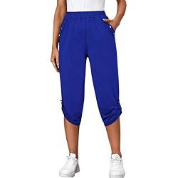 Damen 3/4 Sporthose Stretch Tunnelzug Kurze Hose Baumwolle Sport Fitness Jogginghose Knielang Freizeithose Sommerhose Loose Fit Laufhose Sweathose Casual Capri Hose Trainingshose (W-Blau, S) von Dantazz