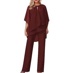 Damen Hosenanzug Elegant 2-Teiliges 3/4 Batwing Ärmel Unregelmäßiger Shirts + Hohe Taille Weites Bein Hose Zweiteiler Sets Hochzeit Festlich Abendanzug Einfarbig Freizeitanzug Outfit (X01#-Rot, XXXL) von Dantazz