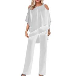 Damen Hosenanzug Elegant 2-Teiliges 3/4 Batwing Ärmel Unregelmäßiger Shirts + Hohe Taille Weites Bein Hose Zweiteiler Sets Hochzeit Festlich Abendanzug Einfarbig Freizeitanzug Outfit (X1-Weiß, L) von Dantazz