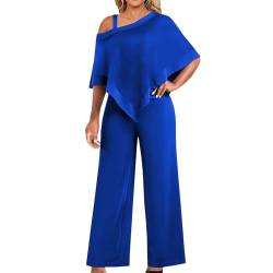 Damen Hosenanzug Elegant 2-Teiliges 3/4 Batwing Ärmel Unregelmäßiger Shirts + Hohe Taille Weites Bein Hose Zweiteiler Sets Hochzeit Festlich Abendanzug Einfarbig Freizeitanzug Outfit (X2-Blau, M) von Dantazz