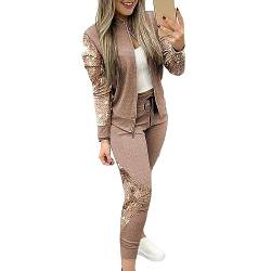 Dantazz Jogginganzug Damen Pailletten Trainingsanzug Zweiteiler Bomberjacke + Slim Hose Set Stehkragen Zipper Jacke Tracksuit mit Glitzer Fashion Sportanzug Streetwear Lässige Hausanzug (Khaki, XL) von Dantazz