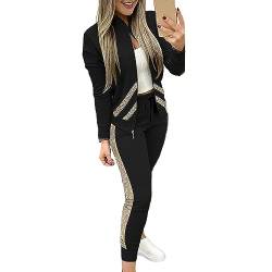 Dantazz Jogginganzug Damen Pailletten Trainingsanzug Zweiteiler Bomberjacke + Slim Hose Set Stehkragen Zipper Jacke Tracksuit mit Glitzer Fashion Sportanzug Streetwear Lässige Hausanzug (Schwarz, XL) von Dantazz