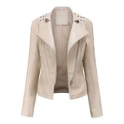 Dantazz Lederjacke Damen Wasserdicht Motorradjacke Bomberjacke Slim Kunstlederjacke mit Reißverschluss Retro Kurz Jacke Biker-Style Winddicht Jacke Einfarbig Niet Übergangsjacke (Beige, M) von Dantazz