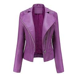 Dantazz Lederjacke Damen Wasserdicht Motorradjacke Bomberjacke Slim Kunstlederjacke mit Reißverschluss Retro Kurz Jacke Biker-Style Winddicht Jacke Einfarbig Niet Übergangsjacke (Lila, M) von Dantazz