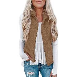 Dantazz Plüschweste Damen Kunstfell Kurzweste Warm Teddy Fleece Westen Outwear Stehkragen Ärmellos Fleecejacke Herbst Winter Übergangsweste mit Reissverschluss Leichte Flauschig Teddyweste (Braun, S) von Dantazz