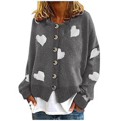 Dantazz Y2K Strickjacke Damen Kurz Warme Strickpullover mit Knöpfe Rundhals Cardigan Herz Druck Strick Oberteil Elegeant Strickcardigan Casual Herbst Winter Jacke (Grau, XL) von Dantazz