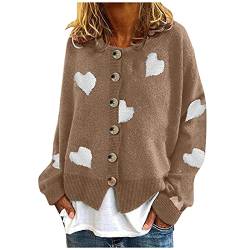 Dantazz Y2K Strickjacke Damen Kurz Warme Strickpullover mit Knöpfe Rundhals Cardigan Herz Druck Strick Oberteil Elegeant Strickcardigan Casual Herbst Winter Jacke (Khaki, XL) von Dantazz