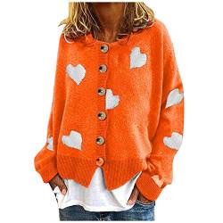 Dantazz Y2K Strickjacke Damen Kurz Warme Strickpullover mit Knöpfe Rundhals Cardigan Herz Druck Strick Oberteil Elegeant Strickcardigan Casual Herbst Winter Jacke (Orange, XXL) von Dantazz