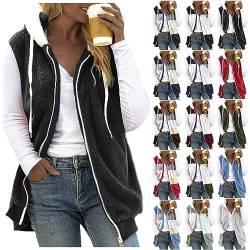 Fleeceweste Damen Plüschweste mit Kapuze Kunstfell Teddy Fleece Hoodie Westen Outwear Bequem Ärmellos Cardigan Jacke Herbst Winter Übergangsweste Casual Einfarbige Flauschig Longweste (Armeegrün, XL) von Dantazz