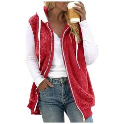 Fleeceweste Damen Plüschweste mit Kapuze Kunstfell Teddy Fleece Hoodie Westen Outwear Bequem Ärmellos Cardigan Jacke Herbst Winter Übergangsweste Casual Einfarbige Flauschig Longweste (Rot, S) von Dantazz