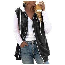 Fleeceweste Damen Plüschweste mit Kapuze Kunstfell Teddy Fleece Hoodie Westen Outwear Bequem Ärmellos Cardigan Jacke Herbst Winter Übergangsweste Casual Einfarbige Flauschig Longweste (Schwarz, M) von Dantazz