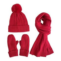 Mütze Schal Handschuhe Sets Warme Grobstrick Lang Schal Wintermütze Fäustlinge für Frauen Mädchen 3-Teiliges Winterzubehör Thermo Strickmütze Winterschal Fausthandschuhe Winterset (X1-Rot, onesize) von Dantazz