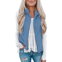 Plüschweste Damen Kunstfell Kurzweste Warm Teddy Fleece Westen Outwear Stehkragen Ärmellos Fleecejacke Herbst Winter Übergangsweste mit Reissverschluss Leichte Flauschig Teddyweste (Blau, M) von Dantazz