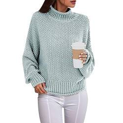 Pullover Damen Elegant Rollkragen Strickpullover Winter Warme Grobstrickpullover Langarm Pulli Oberteile Casual Lose Sweater Tops Grobstrick Rollkragenpullover Sweatshirts Strickpulli (A-Hellblau, S) von Dantazz