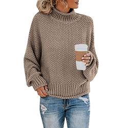 Pullover Damen Elegant Rollkragen Strickpullover Winter Warme Grobstrickpullover Langarm Pulli Oberteile Casual Lose Sweater Tops Grobstrick Rollkragenpullover Sweatshirts Strickpulli (A-Khaki, XXL) von Dantazz