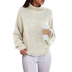 Pullover Damen Elegant Rollkragen Strickpullover Winter Warme Grobstrickpullover Langarm Pulli Oberteile Casual Lose Sweater Tops Grobstrick Rollkragenpullover Sweatshirts Strickpulli (A-Weiß, S) von Dantazz