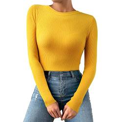 Thermo Oberteil für Damen Rundhals Strickpullover Gerippte Tshirts Unterhemd Basic Einfarbig Langarmshirt Enger Gestrickt Pullover Langarm Thermounterwäsche Herbst Winter Warme Top (Gelb, OneSize) von Dantazz