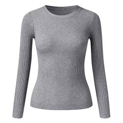 Thermo Oberteil für Damen Rundhals Strickpullover Gerippte Tshirts Unterhemd Basic Einfarbig Langarmshirt Enger Gestrickt Pullover Langarm Thermounterwäsche Herbst Winter Warme Top (Grau, OneSize) von Dantazz