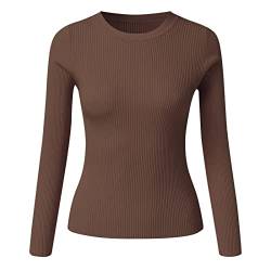 Thermo Oberteil für Damen Rundhals Strickpullover Gerippte Tshirts Unterhemd Basic Einfarbig Langarmshirt Enger Gestrickt Pullover Langarm Thermounterwäsche Herbst Winter Warme Top (Kaffee, OneSize) von Dantazz