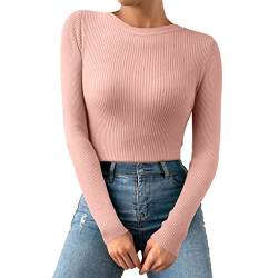 Thermo Oberteil für Damen Rundhals Strickpullover Gerippte Tshirts Unterhemd Basic Einfarbig Langarmshirt Enger Gestrickt Pullover Langarm Thermounterwäsche Herbst Winter Warme Top (Rosa, OneSize) von Dantazz