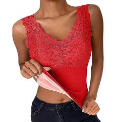 Thermounterwäsche Damen Ärmellose Thermo Oberteil Fleece Gefüttert Unterhemden mit BH-Einlagen V-Ausschnitt Spitze Untershirt Winter Warme Tank Tops mit Innenfleece Funktionsunterwäsche (Rot, L) von Dantazz