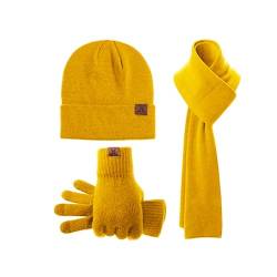 Winter Warm Lang Schal Beanie Mütze Touchscreen Handschuhe Set für Damen Herren Thermo Gestrickte Wintermütze Winterschal Handschuhe Kombiset Winterhandschuhe Strickmütze Winterset (Gelb, OneSize) von Dantazz