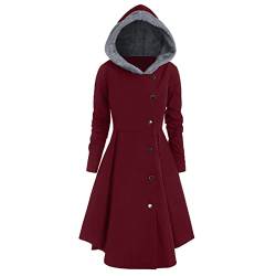 Winterjacke Damen Gothic Mittellange Hoodie Kleid Herbst Winter Wollmantel mit Kapuze Lange Knöpfen Wintermantel Retro Asymmetrisch Saum Mantel Party Kleid Vintage Kapuzenmantel (Rot, XXXL) von Dantazz