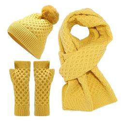 Wintermütze Pluswärmer Handschuhe Schal Sets für Frauen Mädchen Gestrickt Fleece Gefüttert Cuffed Wintermütze mit Bommel Fingerlose Armstulpen Lang Winterschal Dicke Warm Winterset (Gelb, OneSize) von Dantazz