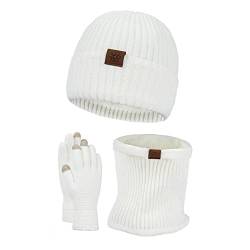 Wintermütze Schlauchschal Handschuhe 3 Teiliges Set Warme Fleecefutter Cuffed Beanie Strickmütze Touchscreen Loop Schal Winterhandschuhe Winterzubehör Gestrickte Winter Geschenk (Weiß, onesize) von Dantazz