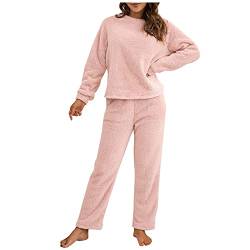 Zweiteiler Hosenanzug Damen 2 Teiler Sets Plüsch Hausanzug Freizeitanzug Herbst Winter Warm Flauschig Loungewear Schlafanzüge Einfarbig Teddyplüsch Langarm Pullover und Hose Outfit (Rosa, XL) von Dantazz