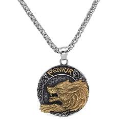 Danwinty Wikinger Halskette Herren Edelstahl Fenrir Wolf mit 60cm Silber Kette für Männer Nordische Wolfskopf Amulett Anhänger von Danwinty