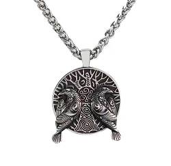 Danwinty Wikinger Halskette Herren Odin Raven Anhänger Edelstahl Halskette mit 60cm Kette Silber Wikinger Schmuck Nordische Mythen Keltischer Amulett Geschenk für Männer von Danwinty