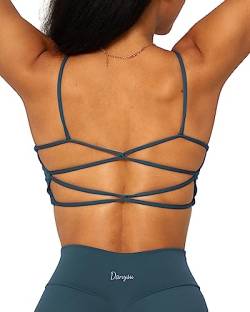 Danysu Rückenfreier Sport BH Damen Racerback Sports Bra Workout Top Leichter Träger-Sport-BH Niedliche Gymnastik-Kleidung Quadratischer Ausschnitt Crisscross Pfau Marine L von Danysu