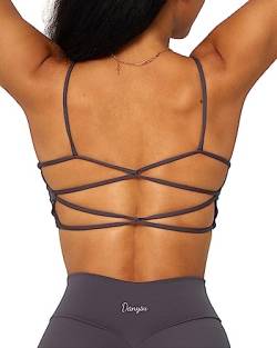 Danysu Rückenfreier Sport BH Damen Racerback Sports Bra Workout Top Leichter Träger-Sport-BH Niedliche Gymnastik-Kleidung Quadratischer Ausschnitt Crisscross Vulkanasche L von Danysu