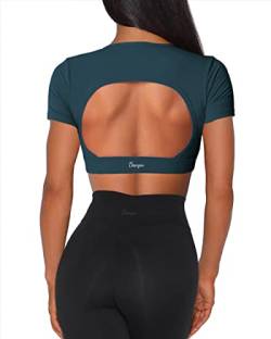 Danysu Sport Crop Top Damen Sport BH Rückenfreie Crop Workout Tops Kurzärmelige Sexy Bauchfreie Shirts Tee Yoga-BH Gymnastik-Kleidung Pfau Marine XS von Danysu