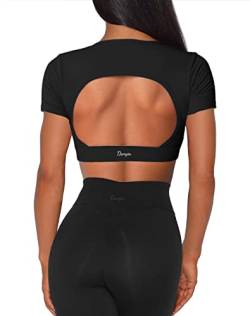 Danysu Sport Crop Top Damen Sport BH Rückenfreie Crop Workout Tops Kurzärmelige Sexy Bauchfreie Shirts Tee Yoga-BH Gymnastik-Kleidung Schwarz L von Danysu