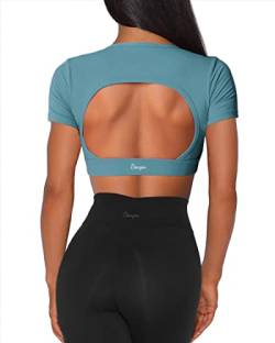 Danysu Sport Crop Top Damen Sport BH Rückenfreie Crop Workout Tops Kurzärmelige Sexy Bauchfreie Shirts Tee Yoga-BH Gymnastik-Kleidung Stahlblau L von Danysu