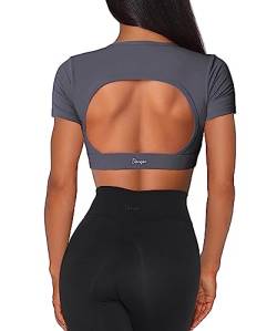 Danysu Sport Crop Top Damen Sport BH Rückenfreie Crop Workout Tops Kurzärmelige Sexy Bauchfreie Shirts Tee Yoga-BH Gymnastik-Kleidung Vulkanasche XS von Danysu