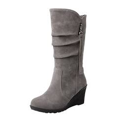 Dapei 2022 Damen Mode Casual Keilabsatz Mattiert Seitlicher Reißverschluss Dekorative Runde Zehe Plüsch Medium Stiefel Extra Breite Wade Oberschenkel Hohe Stiefel für Frauen, grau, 38.5 EU von Dapei