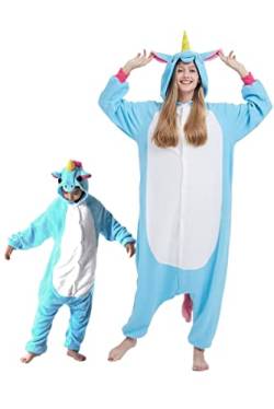 DarkCom Blau Einhorn Onesie für Kinder und Erwachsene,Eltern-Kind Karneval Schlafanzug Cosplay Halloween Tierkostüm Weihnachten Pyjamas M von DarkCom