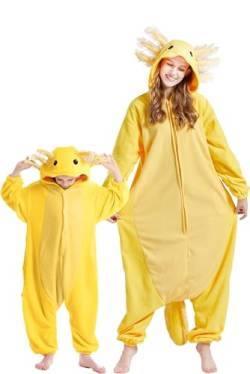 DarkCom Gold Axolotl Onesie für Kinder und Erwachsene,Eltern-Kind Karneval Schlafanzug Cosplay Halloween Tierkostüm Weihnachten Pyjamas 10-11 Years von DarkCom